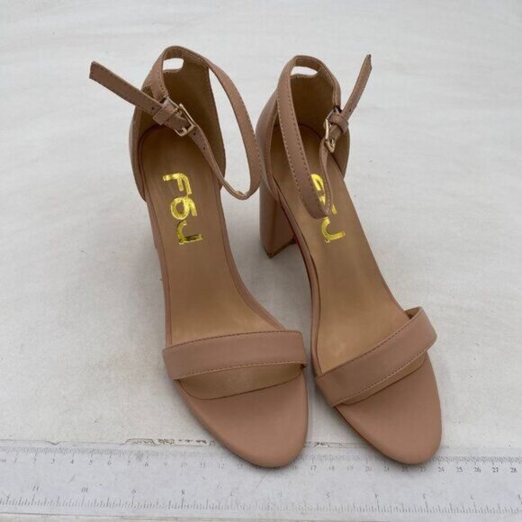 FSJ Nude Classic Chunky High Heel Sandals Open Toe Ankle Strap Single Band Dress - Picture 4 of 8